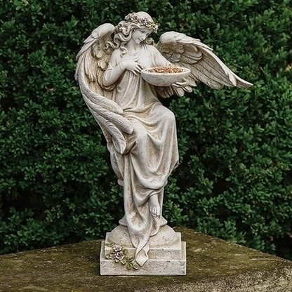 20-inch gray angel garden statue holding bird bath with detailed wings and floral accents on pedestal base