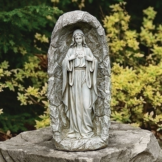 Immaculate Heart of Mary solar garden statue in grotto-style arch, 18.75 inches tall, with detailed robes and serene expression.