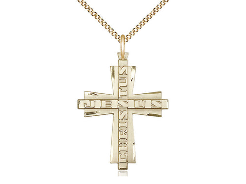 14kt Gold Filled Jesus Christus Cross Pendant on a Gold Plate Chain