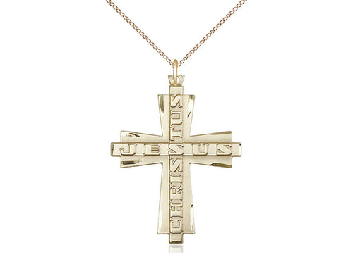 14kt Gold Filled Jesus Christus Cross Pendant on a Gold Plate Chain