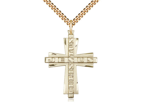 14kt Gold Filled Jesus Christus Cross Pendant on a Gold Plate Chain