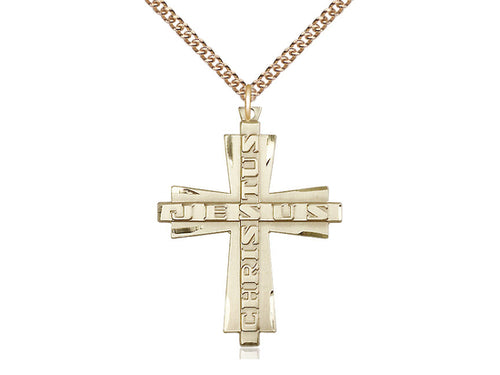 14kt Gold Filled Jesus Christus Cross Pendant on a Gold Plate Chain