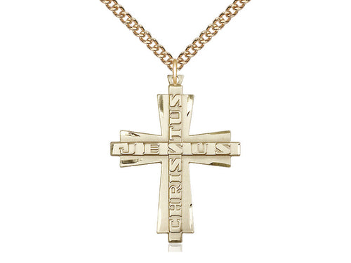 14kt Gold Filled Jesus Christus Cross Pendant on a Gold Plate Chain