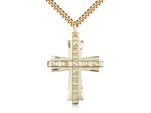 14kt Gold Filled Jesus Christus Cross Pendant on a Gold Plate Chain