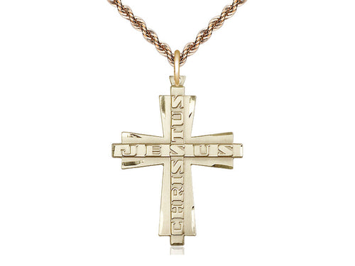 14kt Gold Filled Jesus Christus Cross Pendant on a Gold Plate Chain