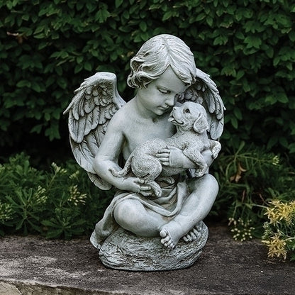 Cherub angel garden statue holding a playful puppy, 12 inches tall, symbolizing love and companionship.