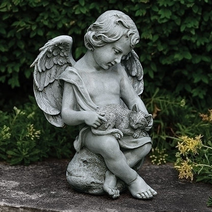 Cherub angel garden statue 12 inches tall, holding a sleeping kitten in lap with detailed wings and serene expression.