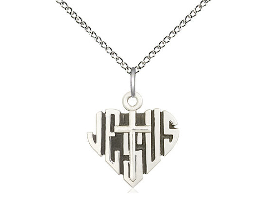 Corazón de plata esterlina de Jesús con medalla cruzada