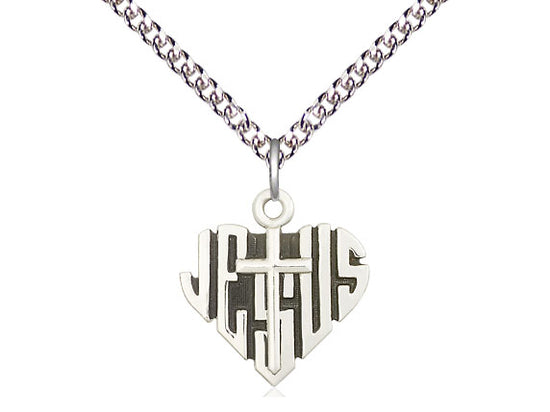 Corazón de plata esterlina de Jesús con medalla cruzada
