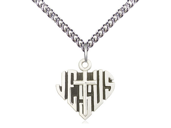 Corazón de plata esterlina de Jesús con medalla cruzada
