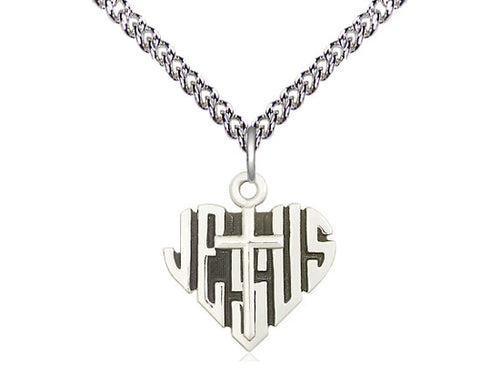 Sterling Silver Heart of Jesus w/Cross Pendant on a Sterling Silver Chain