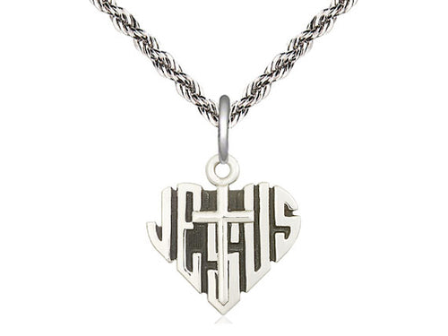 Sterling Silver Heart of Jesus w/Cross Pendant on a Sterling Silver Chain