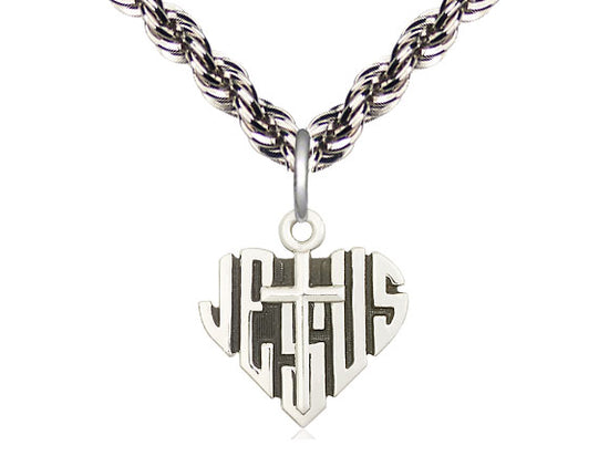 Corazón de plata esterlina de Jesús con medalla cruzada