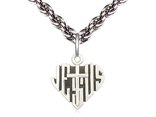 Sterling Silver Heart of Jesus w/Cross Pendant on a Sterling Silver Chain