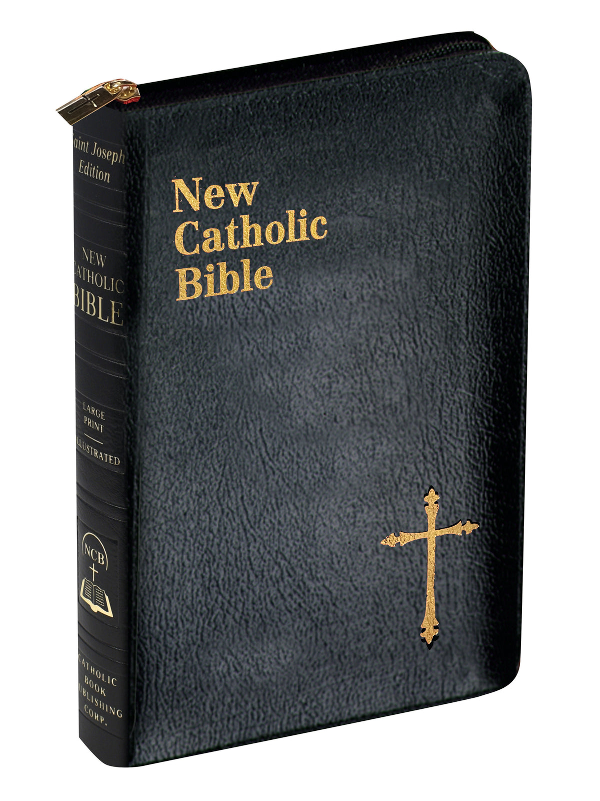 Compact size St. Joseph New Catholic Bible with black zippered faux leather cover and gold cross design