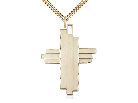 Colgante cruzado lleno de oro de 14kt en una cadena de acera de placa de oro