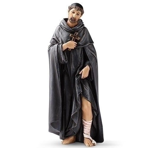 Statue of St. Peregrine holding a cross with a bandaged leg, symbolizing healing and hope, 6.25 inches tall.