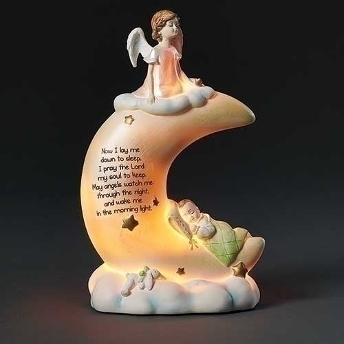 Moon-shaped nightlight with "Now I Lay Me Down to Sleep" prayer, featuring a sleeping child and an angel figure.