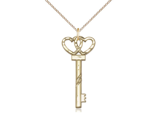 14kt Gold Filled Small Key with Double Heart Pendant on an 18-Inch Gold Filled Light Curb Chain