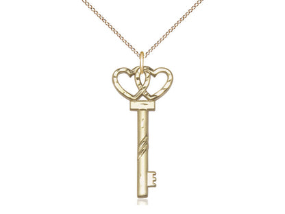 14kt Gold Filled Small Key with Double Heart Pendant on an 18-Inch Gold Filled Light Curb Chain