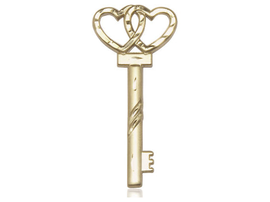 14kt Gold Filled Small Key with Double Heart Pendant on an 18-Inch Gold Filled Light Curb Chain