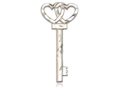 Sterling Silver Small Key with Double Heart Pendant on an 18-Inch Sterling Silver Light Curb Chain