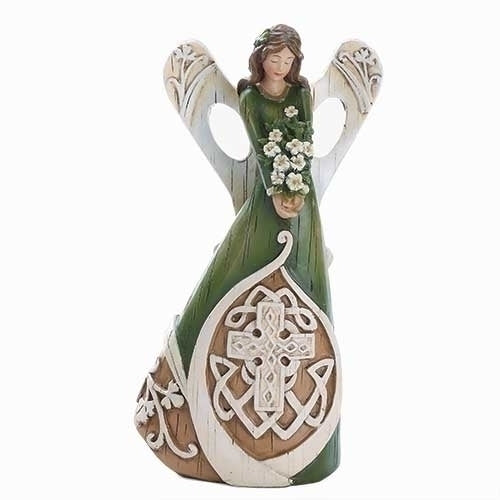 Irish Angel woodcut figurine in green with Celtic cross and floral details, standing 7 inches tall, symbolizing faith and heritage.