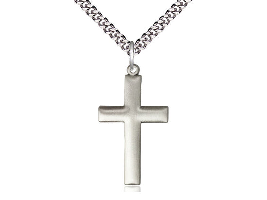 Sterling Silver Matte Finish Beveled Cross Pendant (1 1/4") on a 20" Heavy Curb Chain