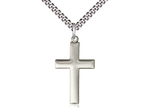 Sterling Silver Matte Finish Beveled Cross Pendant (1 1/4") on a 20" Heavy Curb Chain
