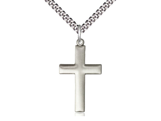 Sterling Silver Matte Finish Beveled Cross Pendant (1 1/4") on a 20" Heavy Curb Chain