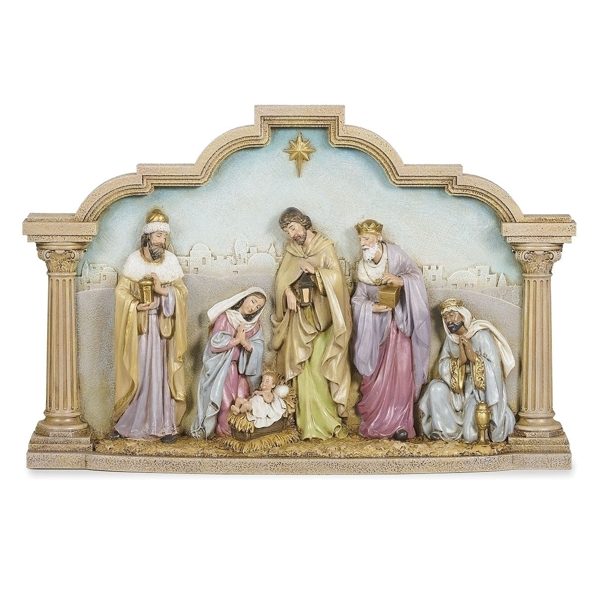 7.5" Nativity scene with Mary, Joseph, baby Jesus, three wise men, star, and pillars in detailed arch frame