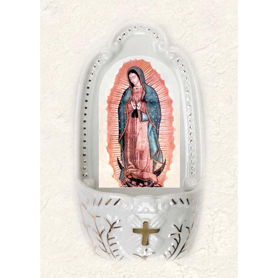 White stone-resin Our Lady of Guadalupe holy water font with gold cross and decorative leaf accents for home or outdoor use