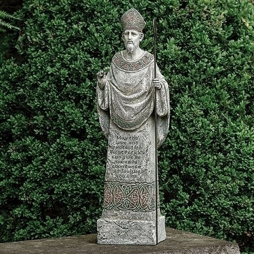 26.5-inch St. Patrick garden statue with detailed robes, Celtic patterns, and blessing inscription for outdoor display.