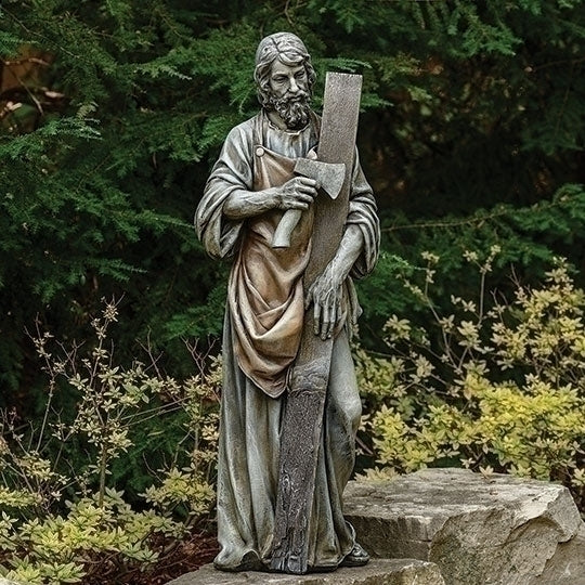 Saint Joseph the Worker garden statue holding a saw and plank, with detailed robes and serene expression, 35.75 inches tall