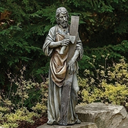 Saint Joseph the Worker garden statue holding a saw and plank, with detailed robes and serene expression, 35.75 inches tall