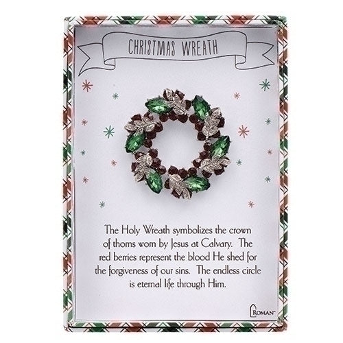 Christmas Wreath Storybook pin with red, green, and silver rhinestones symbolizing faith and eternal life, 2 inches tall.