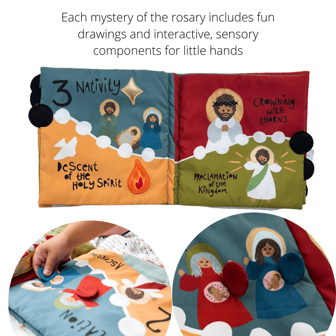 Fabric Rosary Mass Quiet Book with colorful illustrations of rosary mysteries and interactive elements for toddlers