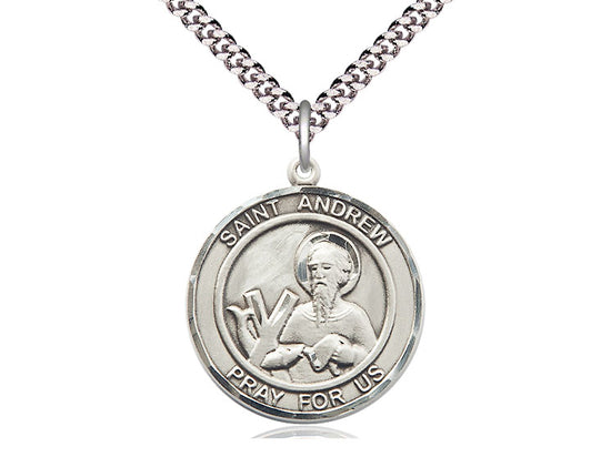 Sterling Silver St Andrew El colgante del apóstol en una cadena de acera pesada de rodio ligero de 24 pulgadas.
