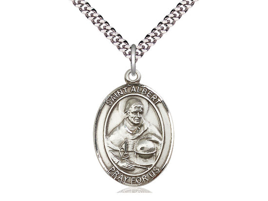 Sterling Silver St Albert the Great Pendant on a 24 inch Light Rhodium Heavy Curb Chain.