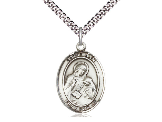 Sterling Silver St Ann Pendant on a 24 inch Light Rhodium Heavy Curb Chain.