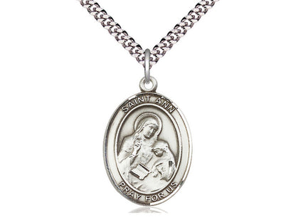 Sterling Silver St Ann Pendant on a 24 inch Light Rhodium Heavy Curb Chain.