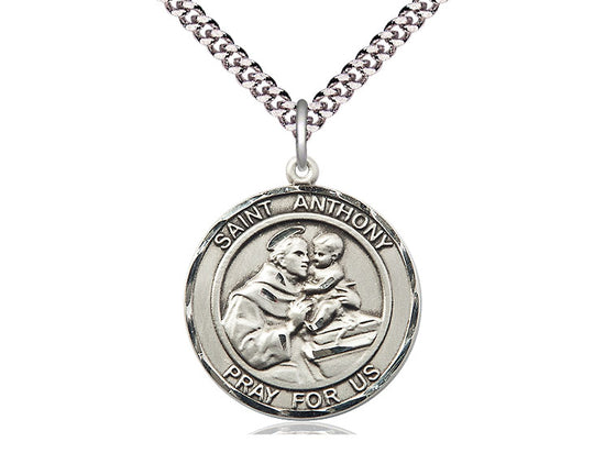 Sterling silver St. Anthony pendant on 24-inch light rhodium heavy curb chain with detailed saint and child image