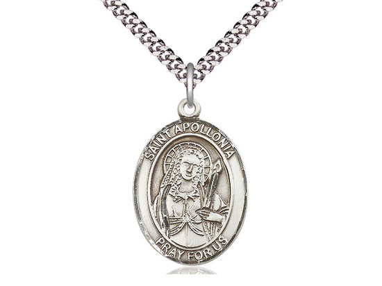 Sterling silver St. Apollonia pendant with detailed engraving on 24-inch light rhodium heavy curb chain