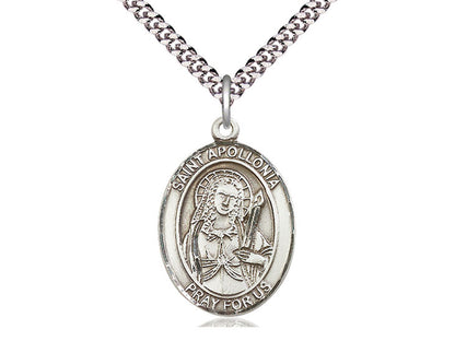 Sterling silver St. Apollonia pendant with detailed engraving on 24-inch light rhodium heavy curb chain