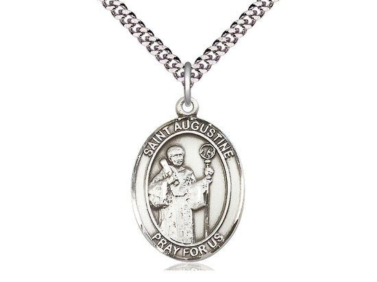 Sterling Silver St Augustine Pendant on a 24 inch Light Rhodium Heavy Curb Chain