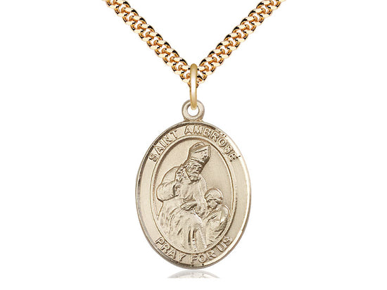 14kt Gold Filled St Ambrose Pendant on a 24 inch Gold Plate Heavy Curb Chain