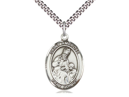 Colgante de plata esterlina ST Ambrose en una cadena de acera pesada de rodio ligero de 24 pulgadas.
