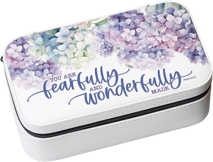 White jewelry box with purple floral design and "You are fearfully and wonderfully made" scripture on lid in elegant script