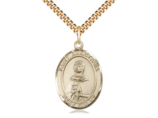 14kt Gold Filled St Anastasia Pendant on a 24 inch Gold Plate Heavy Curb Chain.  Medal Size