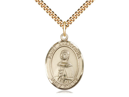 14kt Gold Filled St Anastasia Pendant on a 24 inch Gold Plate Heavy Curb Chain.  Medal Size